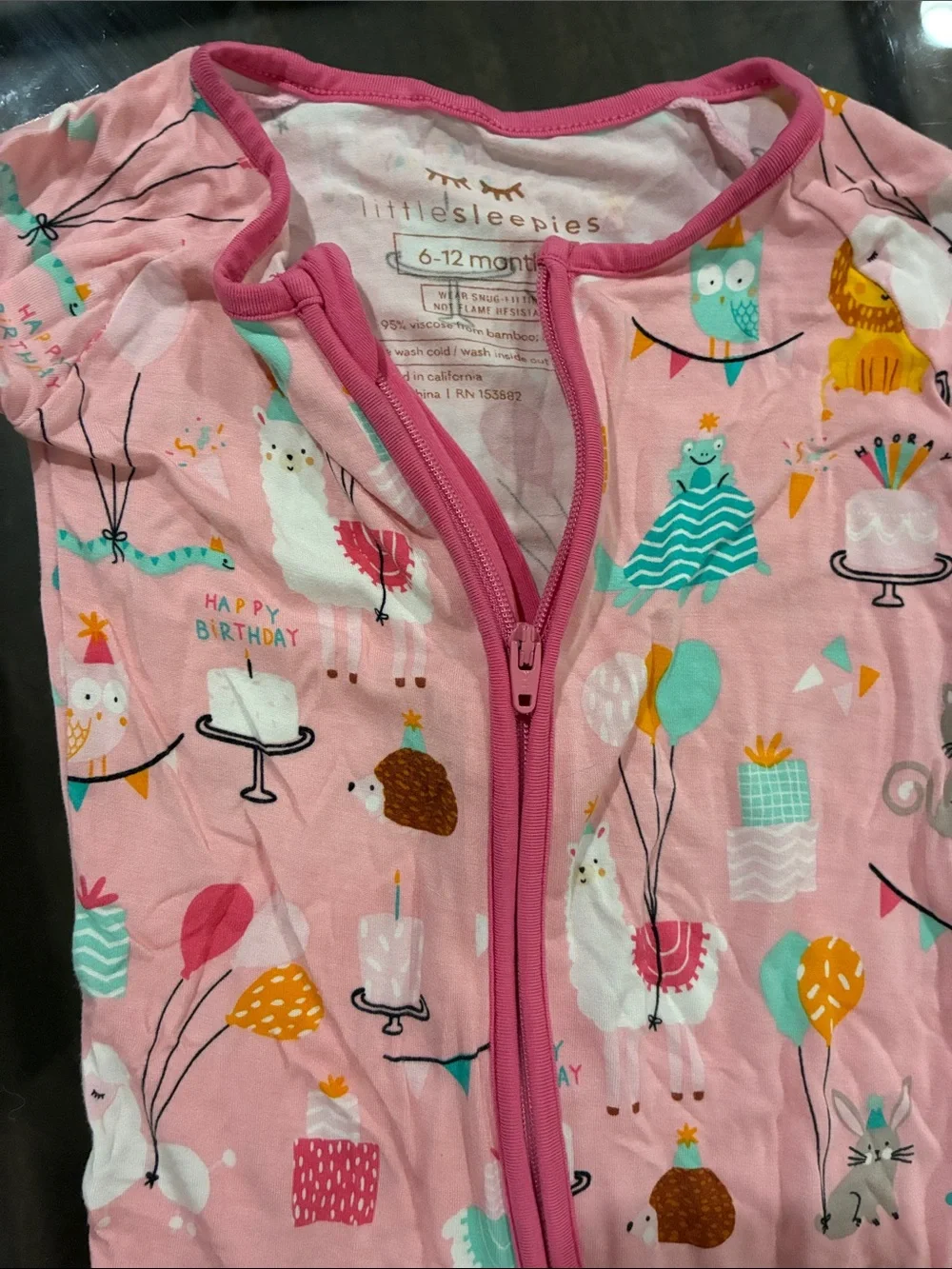 Little Sleepies Pink Birthday Animals Zip Romper